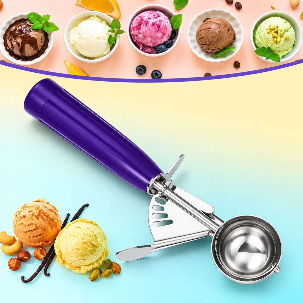 Home Collection Pack of 2 Stainless Steel Ice Cream Scoops with Trigger