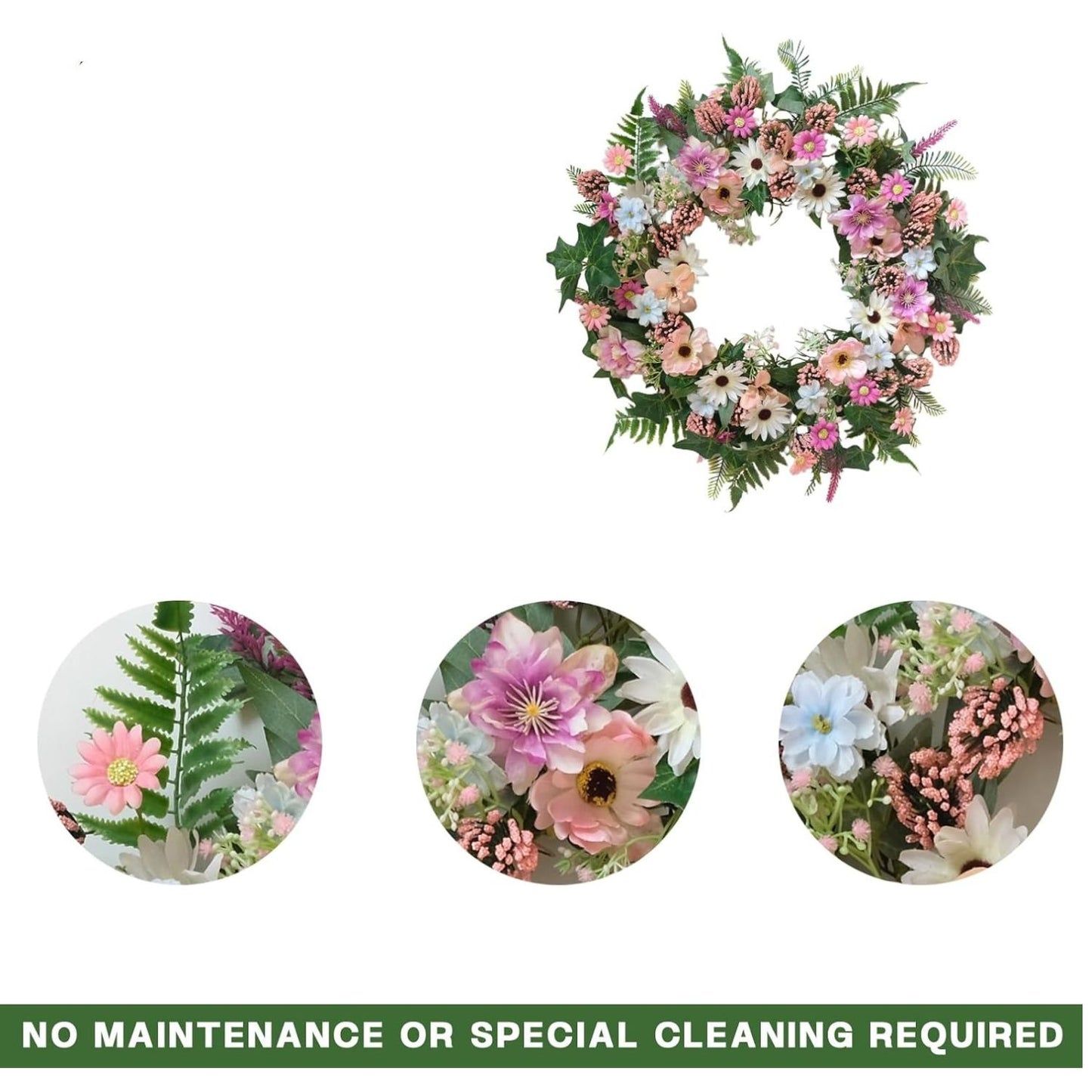 Home Collection Spring Daisy Wreath with Pink Wild Flowers and Green Fern Leaves 22 Inch