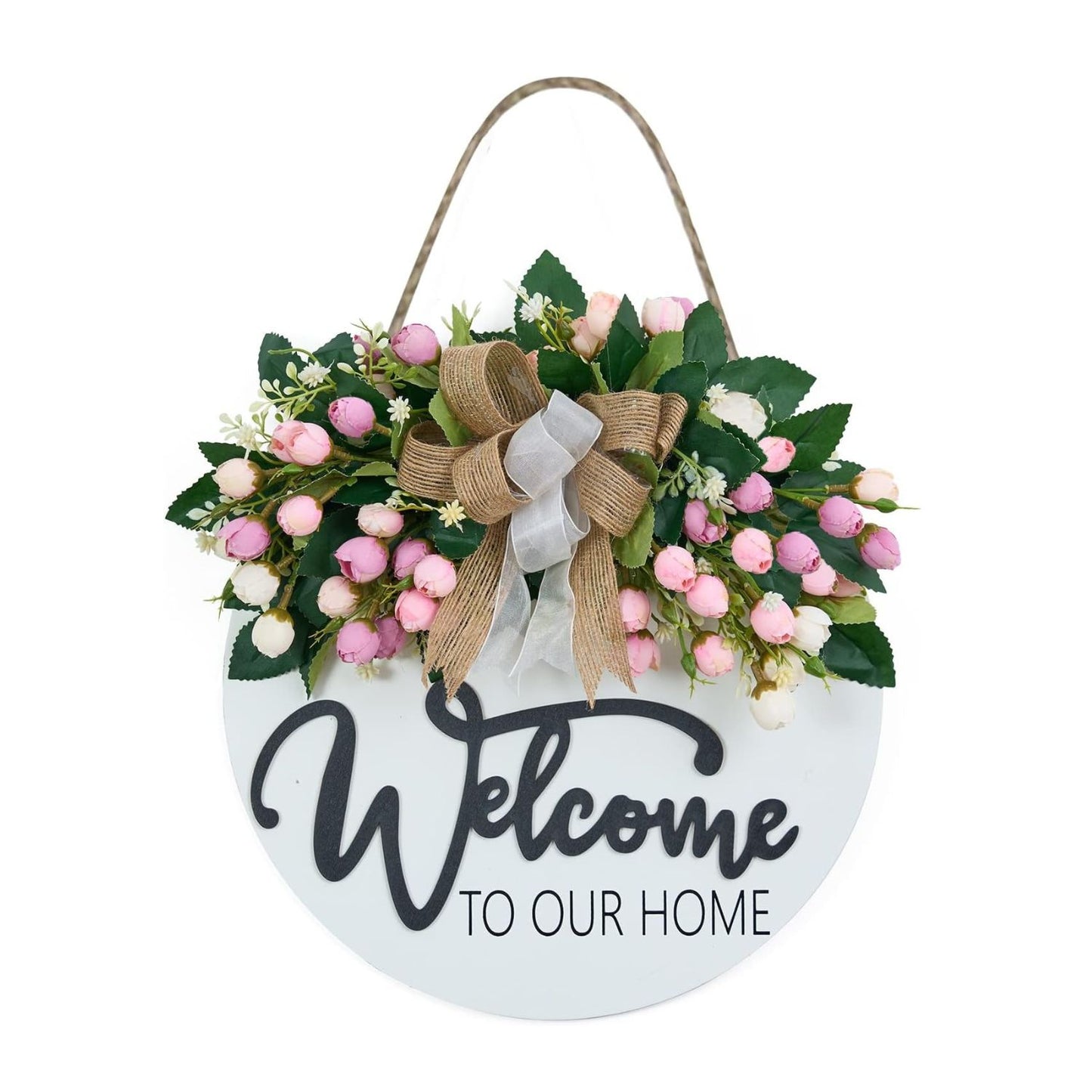 Home Collection 3D Welcome Wreath Door Hanger with Pink Flowers and Farmhouse Sign 13 Inch