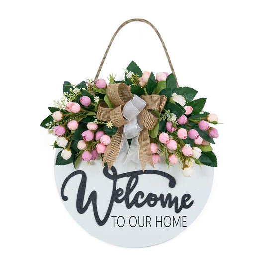 Home Collection 3D Welcome Wreath Door Hanger with Pink Flowers and Farmhouse Sign 13 Inch