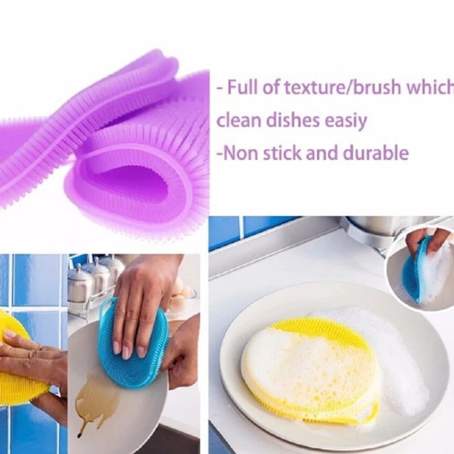 Home Collection Pack of 3 Multifunction Kitchen Silicone Dishwashing Brush Set