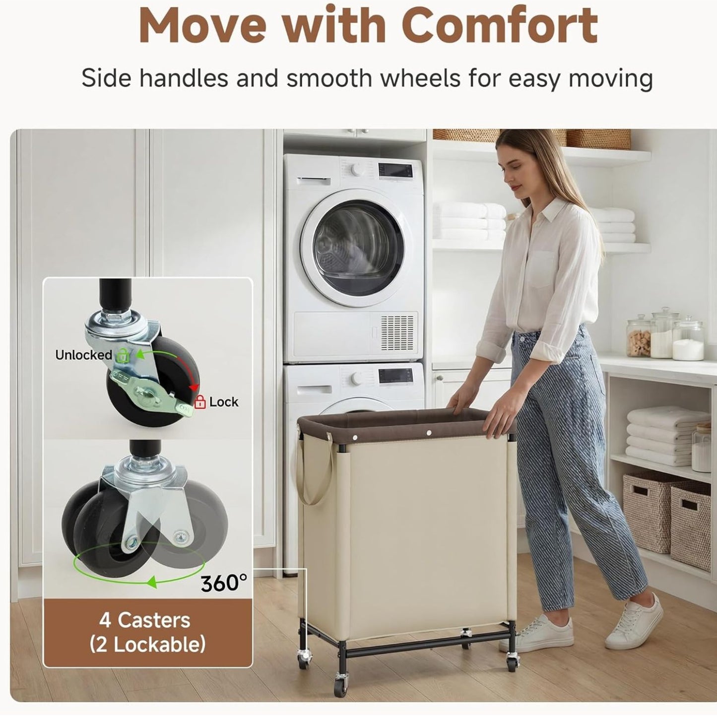 Home Collection 2 Section Rolling Laundry Hamper with Wheels 100L