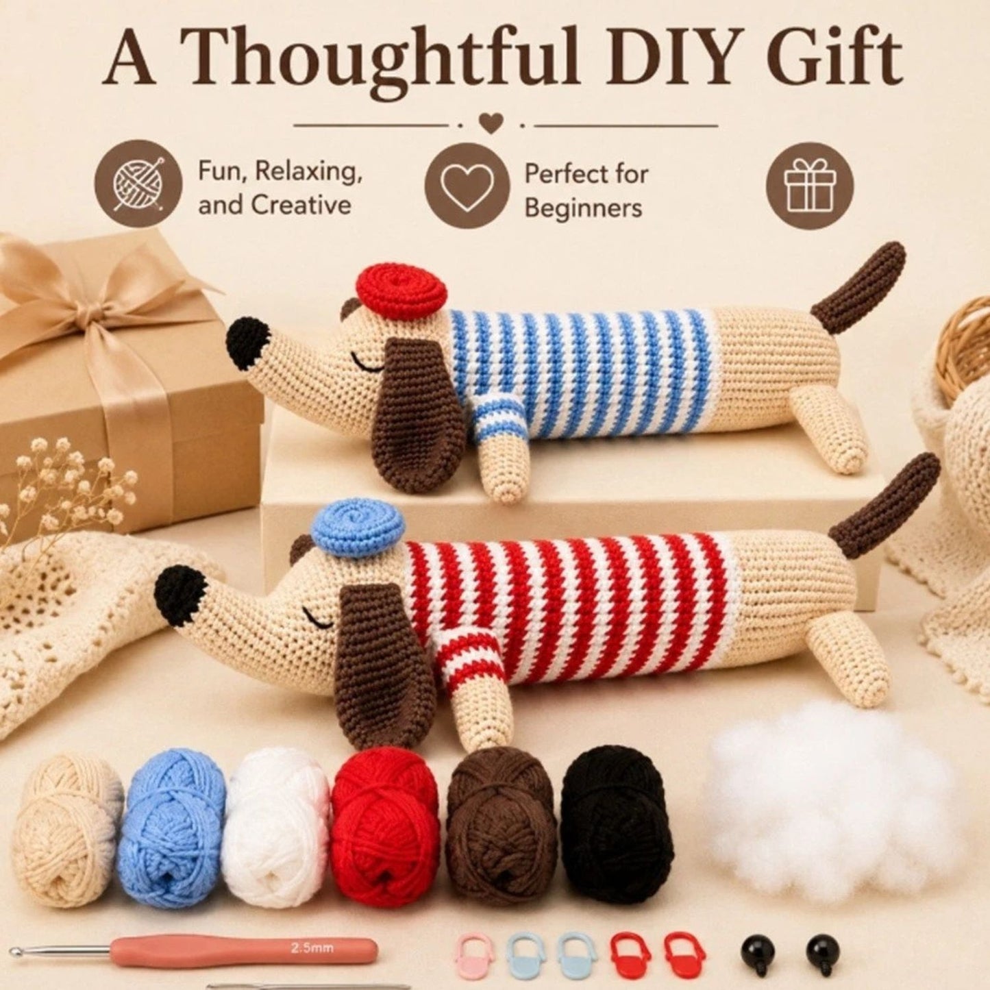 Home Collection Pack of 2 Dachshund Crochet Kit for Beginners