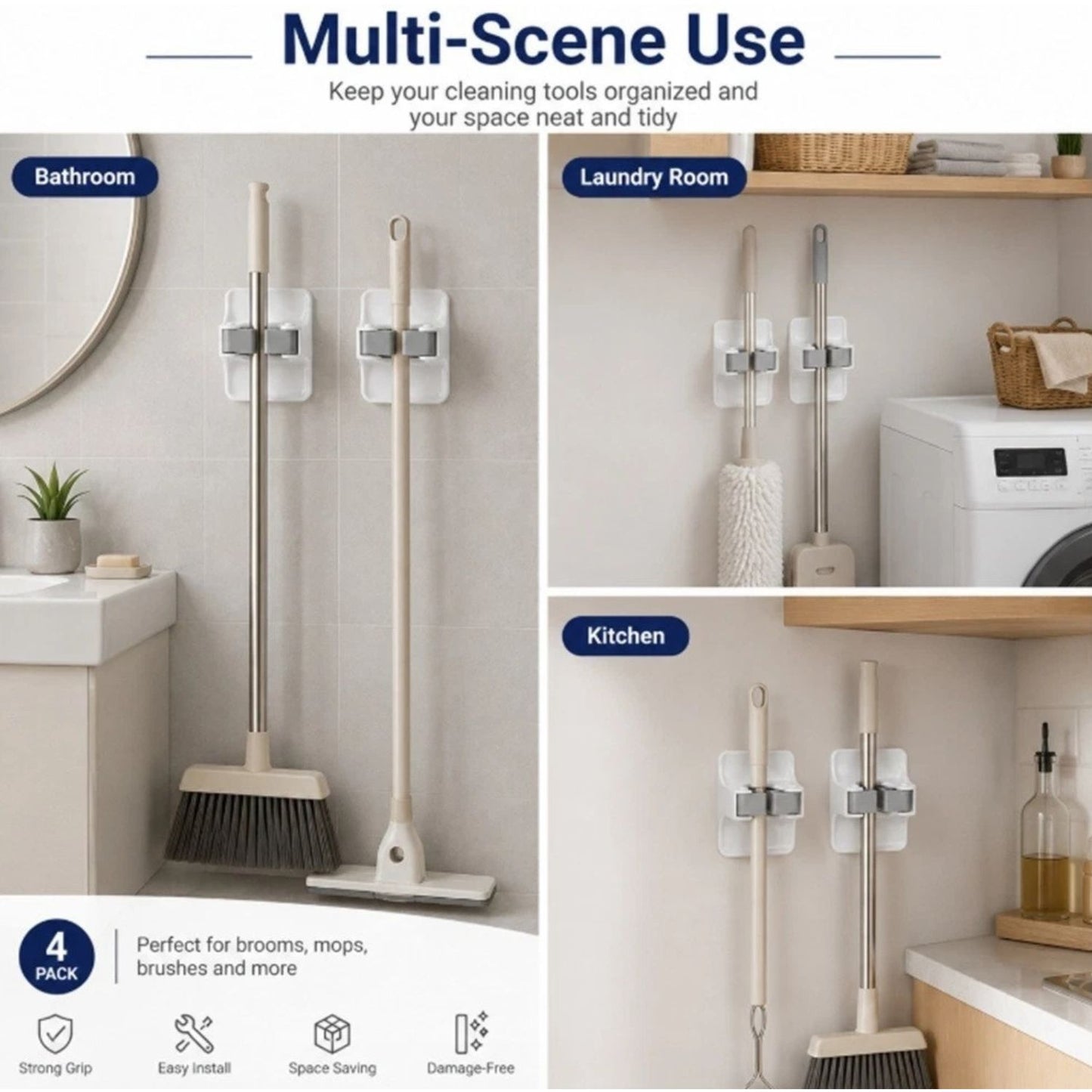 Home Collection Pack of 4 Broom Mop Holder Wall Mount