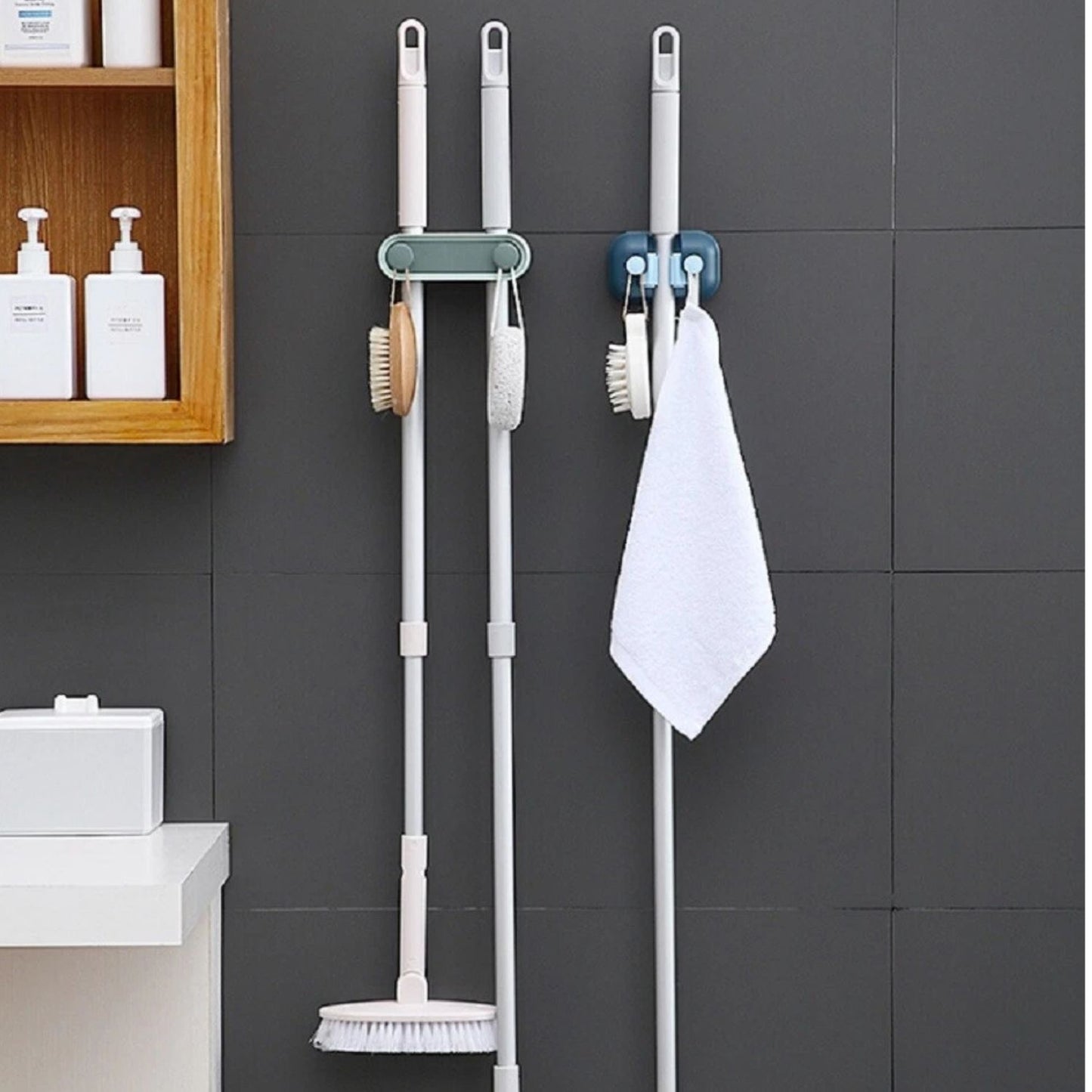Home Collection Pack of 2 Wall Mounted Broom and Mop Holder with Hooks