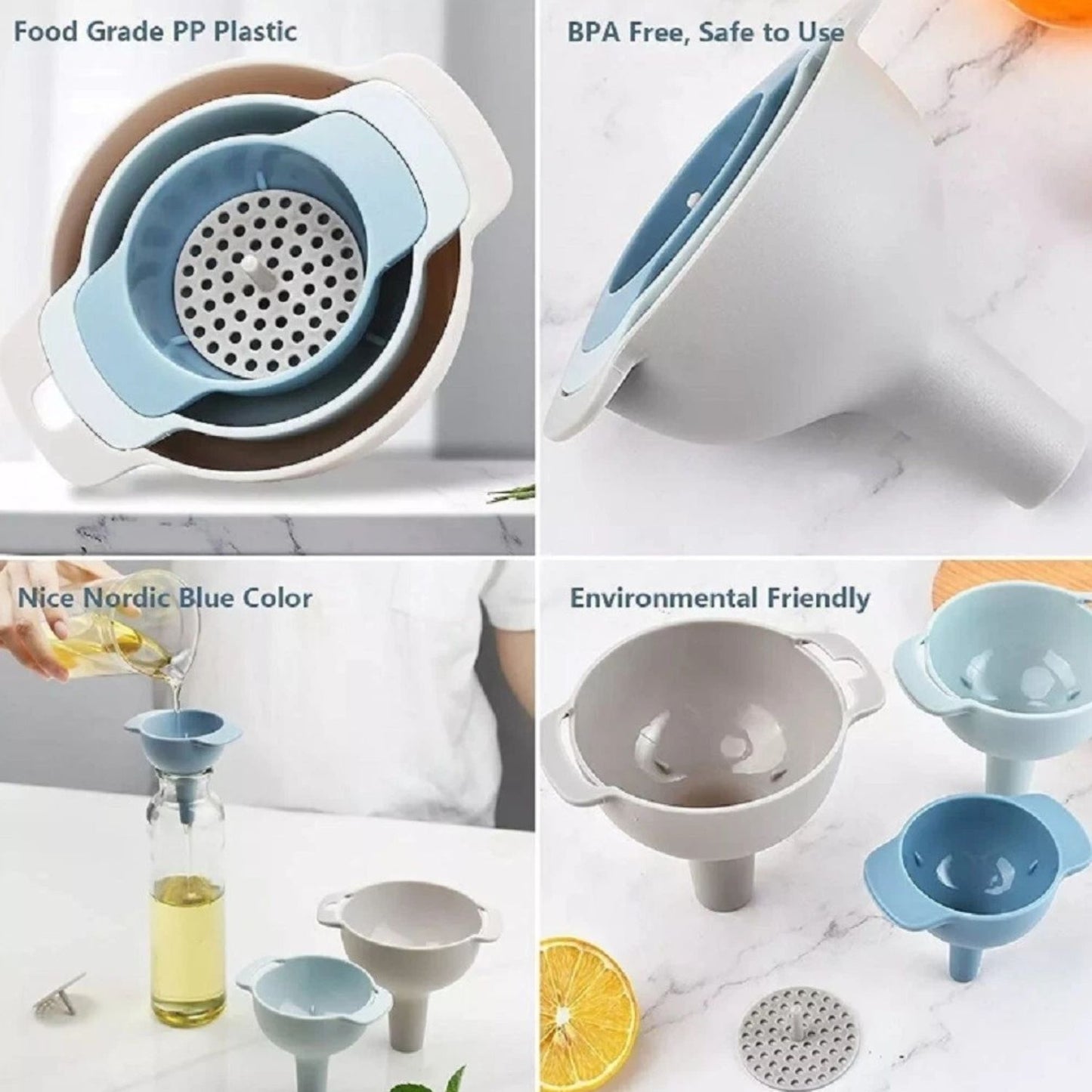 Home Collection Pack of 3 Kitchen Funnel Set with Detachable Strainer