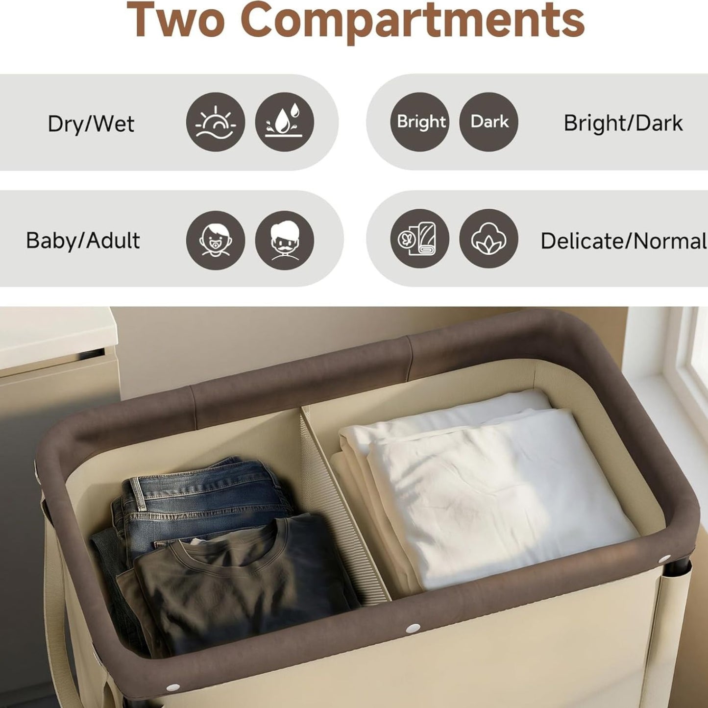 Home Collection 2 Section Rolling Laundry Hamper with Wheels 100L