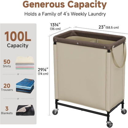 Home Collection 2 Section Rolling Laundry Hamper with Wheels 100L