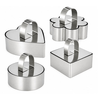 Home Collection Pack of 4 Stainless Steel Mousse Ring Mold Set with Pusher Tool