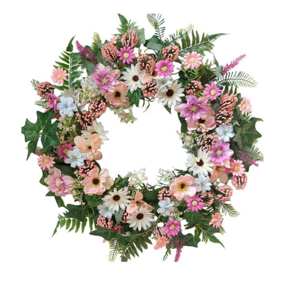 Home Collection Spring Daisy Wreath with Pink Wild Flowers and Green Fern Leaves 22 Inch