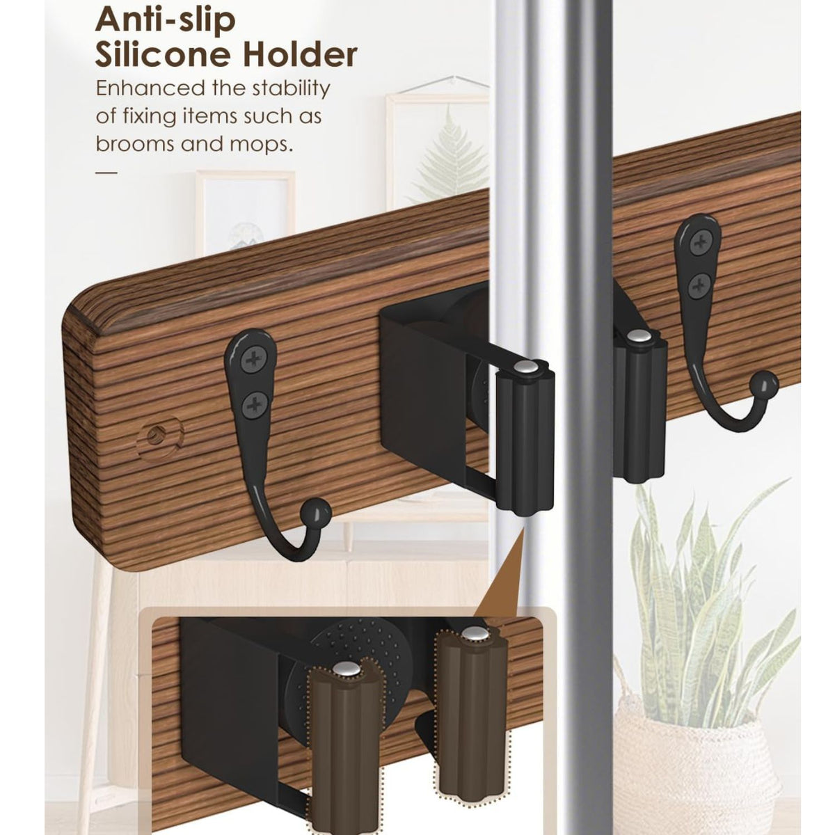 Home Collection Wall Mounted Mop and Broom Holder with 4 Grips and 4 Hooks