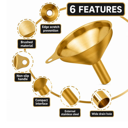 Home Collection Pack of 3 Gold Stainless Steel Mini Kitchen Funnels with Cleaning Brush