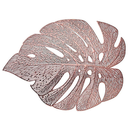 Pack of 6 Tropical Monstera Leaf Metallic Vinyl Placemats Rose Gold 18 Inch