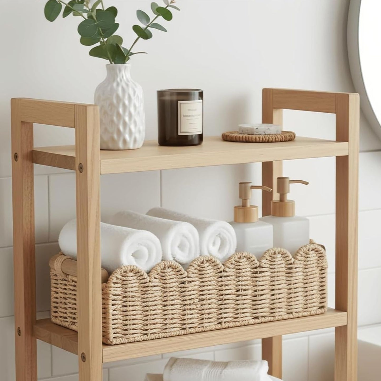 Home Collection Scalloped Edge Toilet Paper Storage Basket Paper Rope Organizer with Wooden Handles