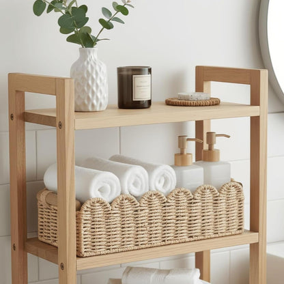 Home Collection Scalloped Edge Toilet Paper Storage Basket Paper Rope Organizer with Wooden Handles