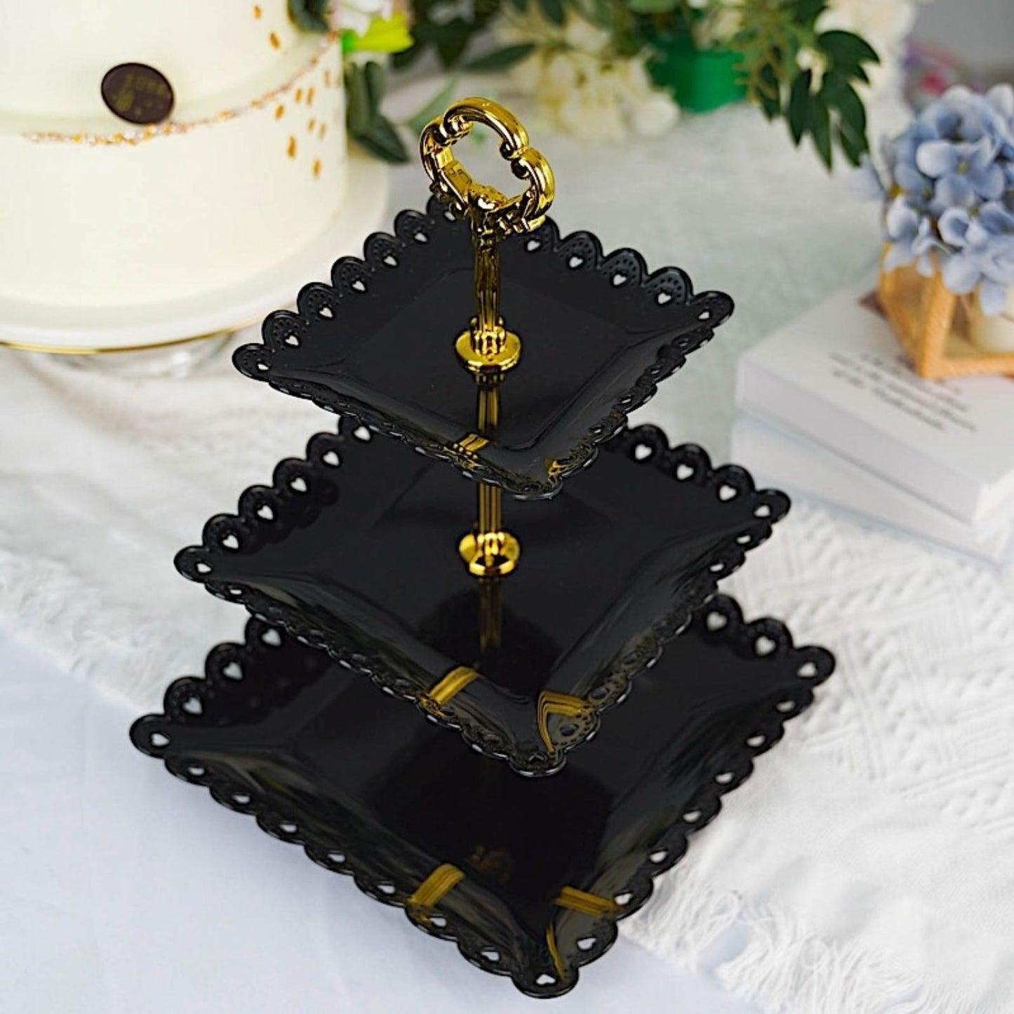 Home Collection 3 Tier Square Plastic Cupcake Holder Heart Rim 13"