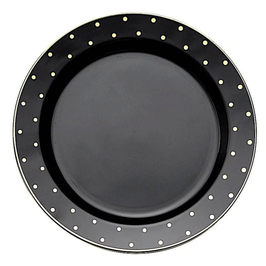 Home Collection Pack of 10 Black Plastic Dinner Plates with Gold Dotted Rim 10