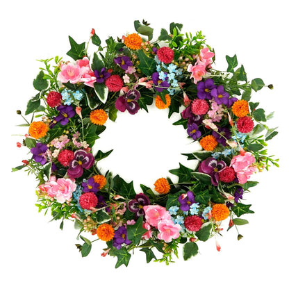 Home Collection Spring and Summer Pansy Wreath with Pink Cherry Blossoms for Front Door