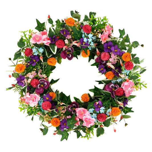 Home Collection Spring and Summer Pansy Wreath with Pink Cherry Blossoms for Front Door