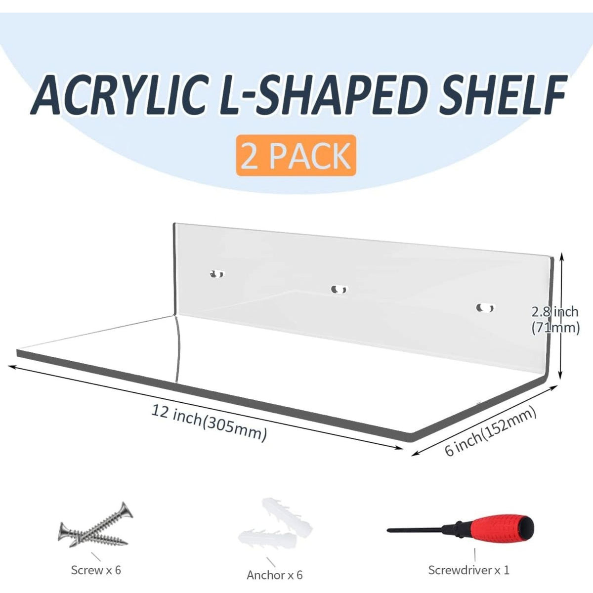 Home Collection Pack of 12-Inch Acrylic Floating Wall Shelves for Figures Plants and Décor