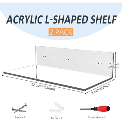 Home Collection Pack of 12-Inch Acrylic Floating Wall Shelves for Figures Plants and Décor