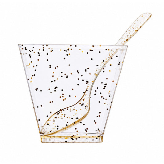 Pack of 24 2oz Clear Gold Glitter Square Dessert Cups with Spoons