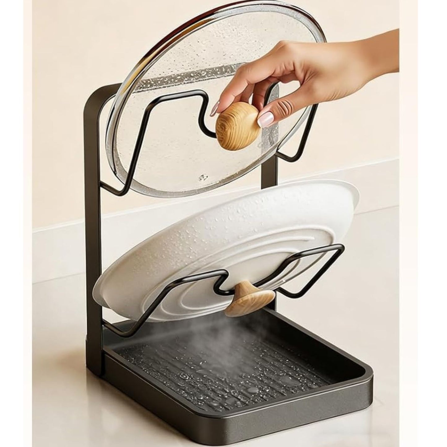 Home Collection 2 Tier Kitchen Pot Lid Storage Rack with Detachable Drip Tray