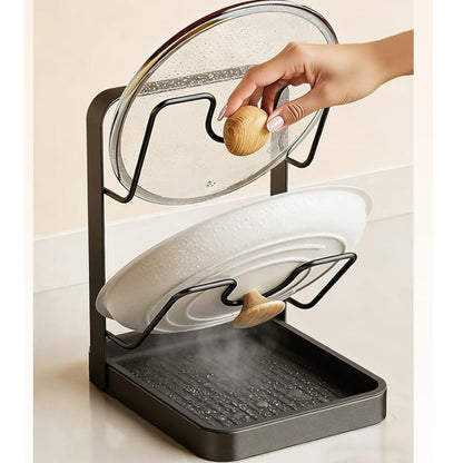Home Collection 2 Tier Kitchen Pot Lid Storage Rack with Detachable Drip Tray