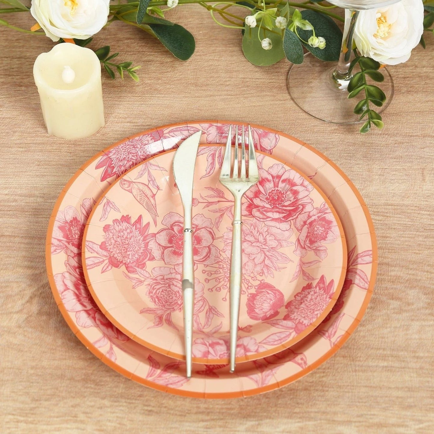 Home Collection  Pack of 50 Dusty Rose Floral Dessert and Dinner Plates with Gold Rim