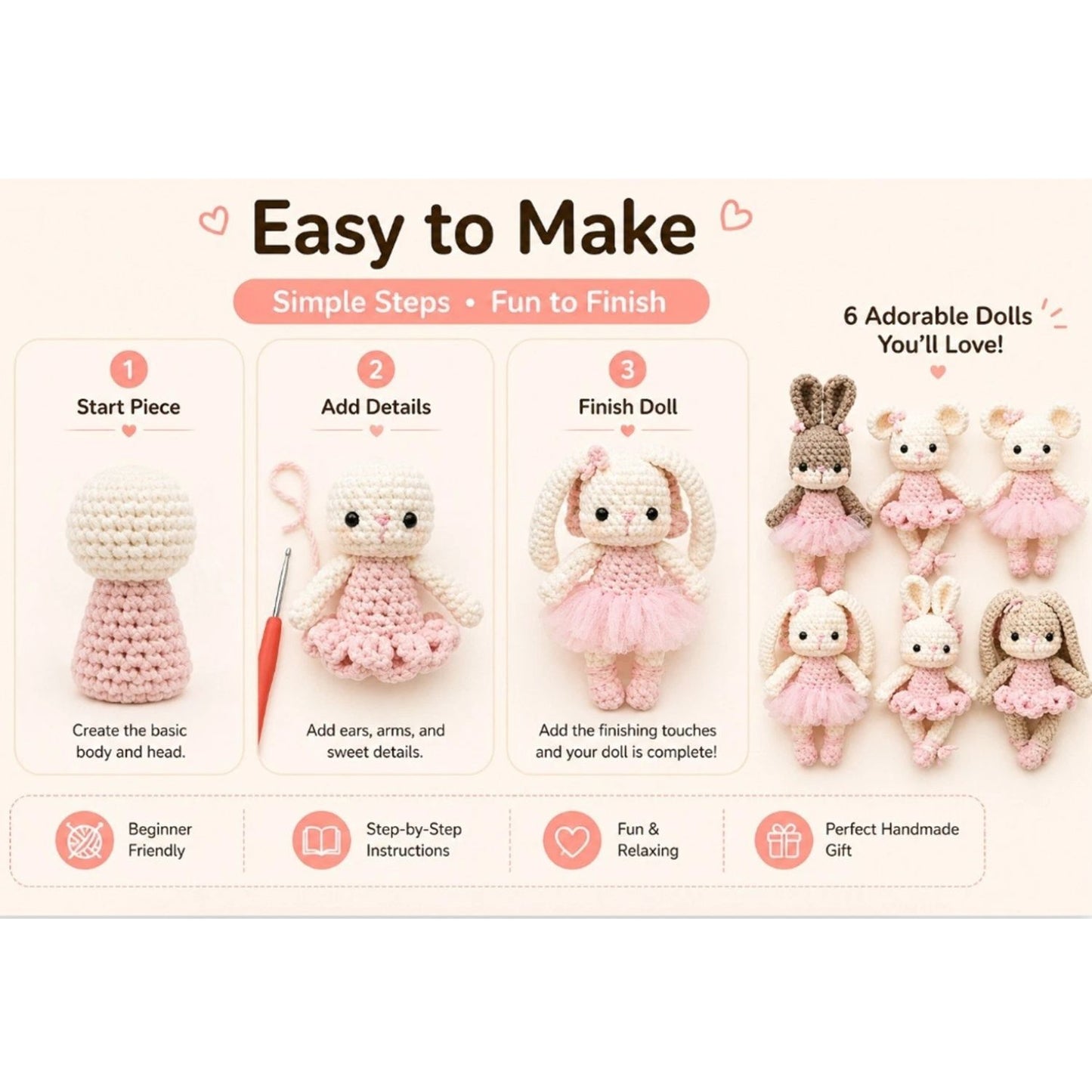 Home Collection Pack of 6 Bunny and Bear Crochet Kit for Beginners