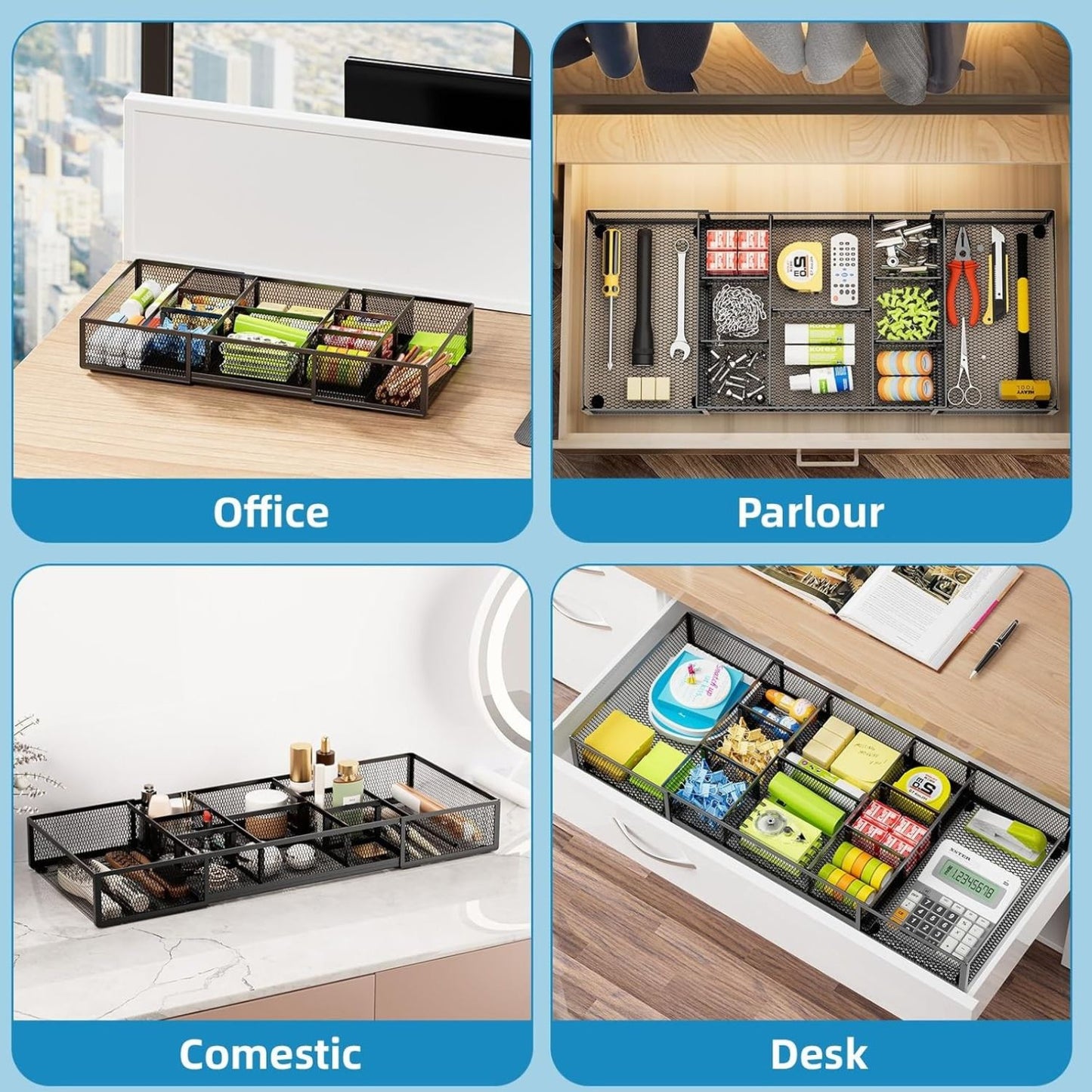 Home Collection Longer Expandable Mesh Desk Drawer Organizer Tray with 10 Adjustable Compartments