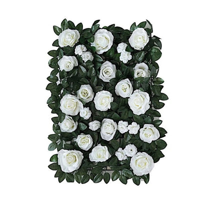Home Collection Green and White Rose Silk Flower Wall Backdrop Panel 24x18 Inch