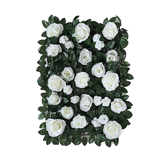Home Collection Green and White Rose Silk Flower Wall Backdrop Panel 24x18 Inch