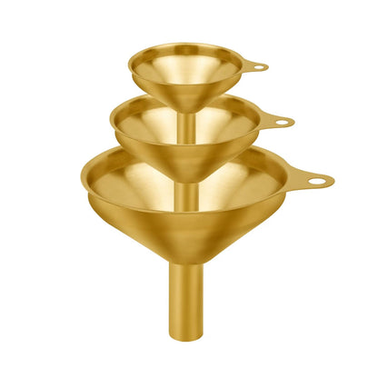 Home Collection Pack of 3 Gold Stainless Steel Mini Kitchen Funnels with Cleaning Brush