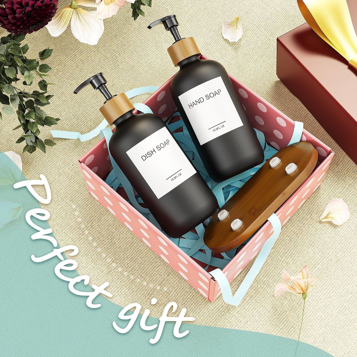 Home Collection Pack of 2 Soap and Lotion Dispenser Set with Wooden Pumps and Tray