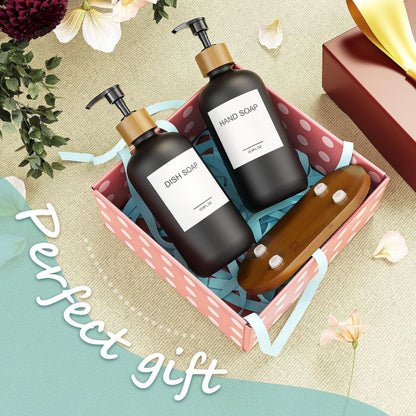 Home Collection Pack of 2 Soap and Lotion Dispenser Set with Wooden Pumps and Tray