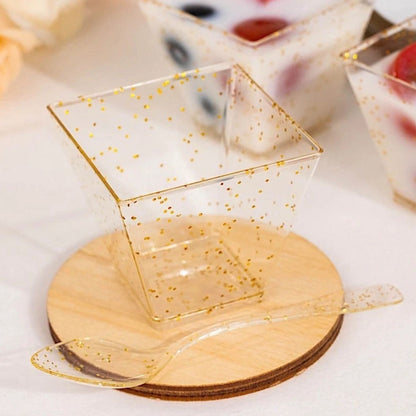 Pack of 24 2oz Clear Gold Glitter Square Dessert Cups with Spoons