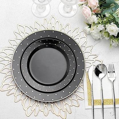 Home Collection Pack of 10 Black Plastic Dinner Plates with Gold Dotted Rim 10