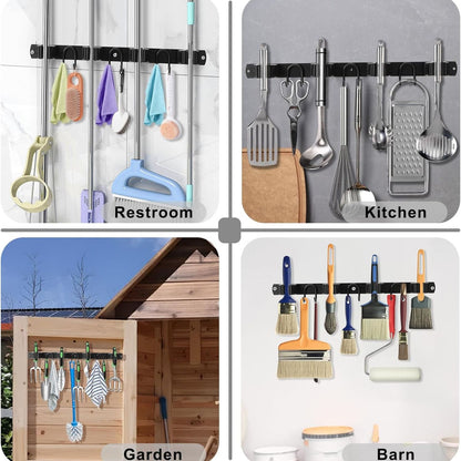 Home Collection Stainless Steel Wall Mounted Mop and Broom Holder with 4 Slots and 6 Hooks