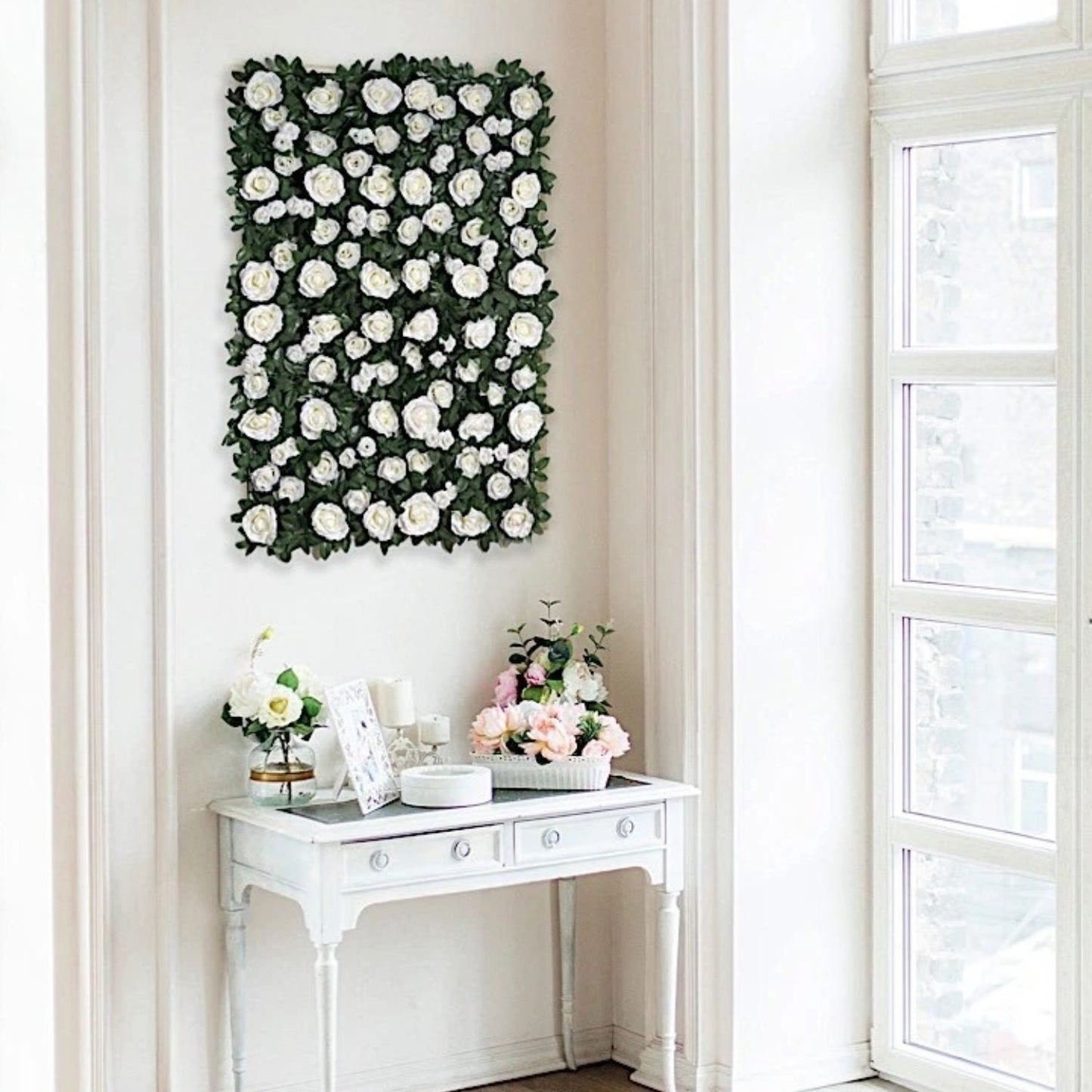Home Collection Green and White Rose Silk Flower Wall Backdrop Panel 24x18 Inch