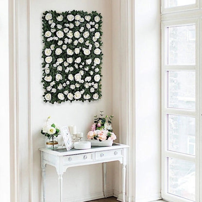 Home Collection Green and White Rose Silk Flower Wall Backdrop Panel 24x18 Inch