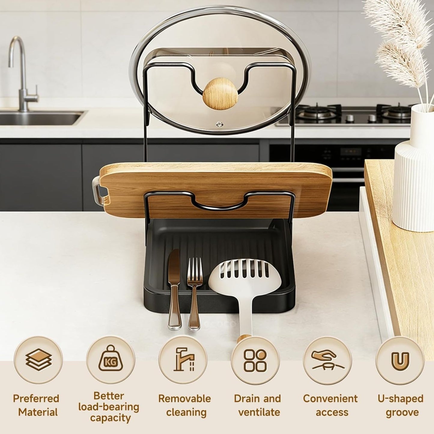 Home Collection 2 Tier Kitchen Pot Lid Storage Rack with Detachable Drip Tray