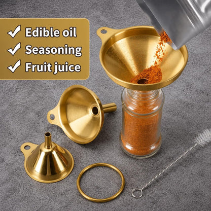 Home Collection Pack of 3 Gold Stainless Steel Mini Kitchen Funnels with Cleaning Brush