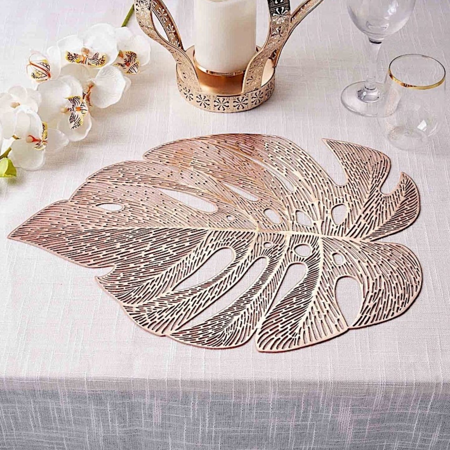 Pack of 6 Tropical Monstera Leaf Metallic Vinyl Placemats Rose Gold 18 Inch