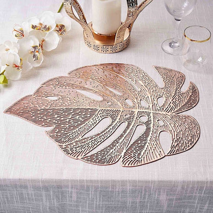 Pack of 6 Tropical Monstera Leaf Metallic Vinyl Placemats Rose Gold 18 Inch