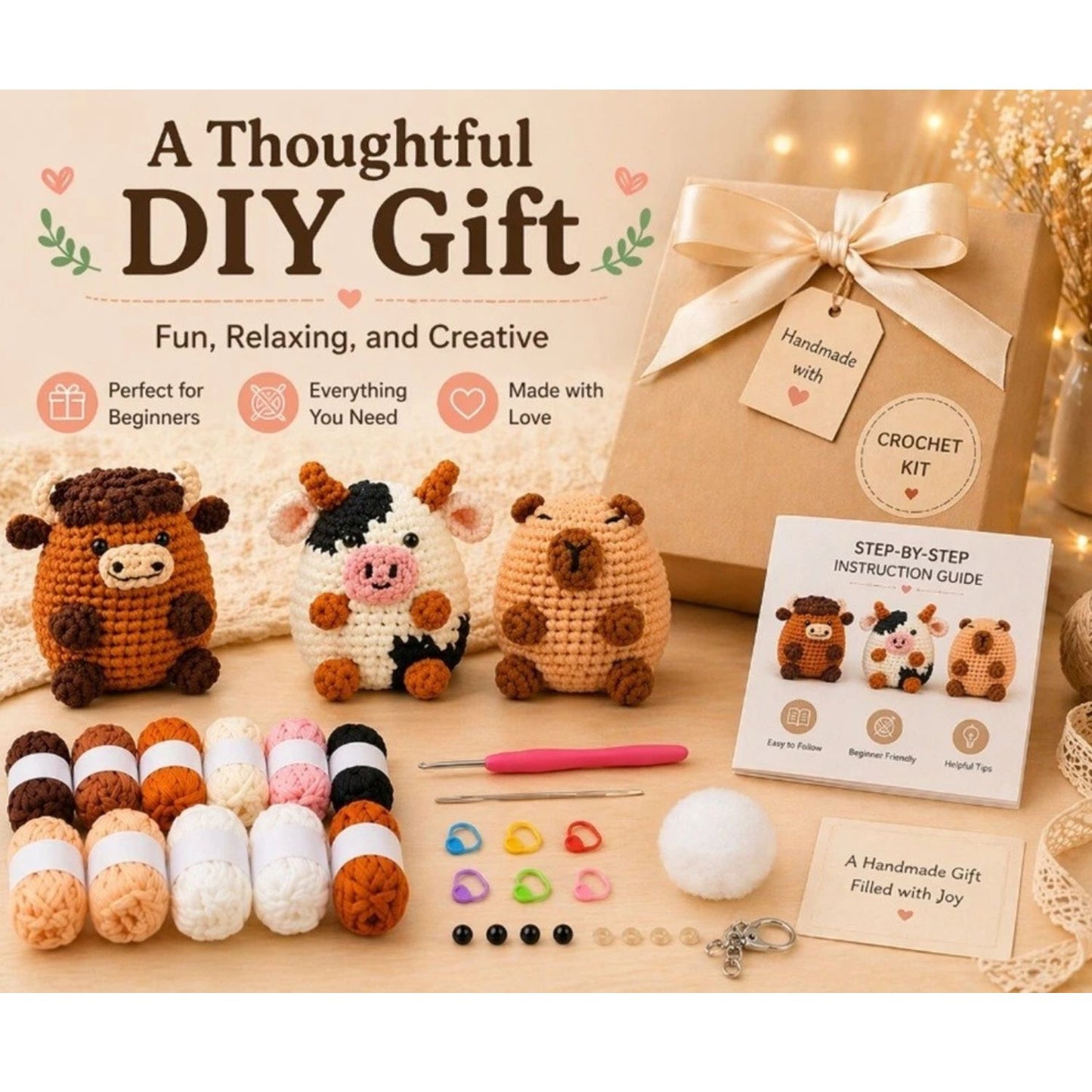 Home Collection Pack of 3 Cow and Capybara Crochet Kit for Beginners
