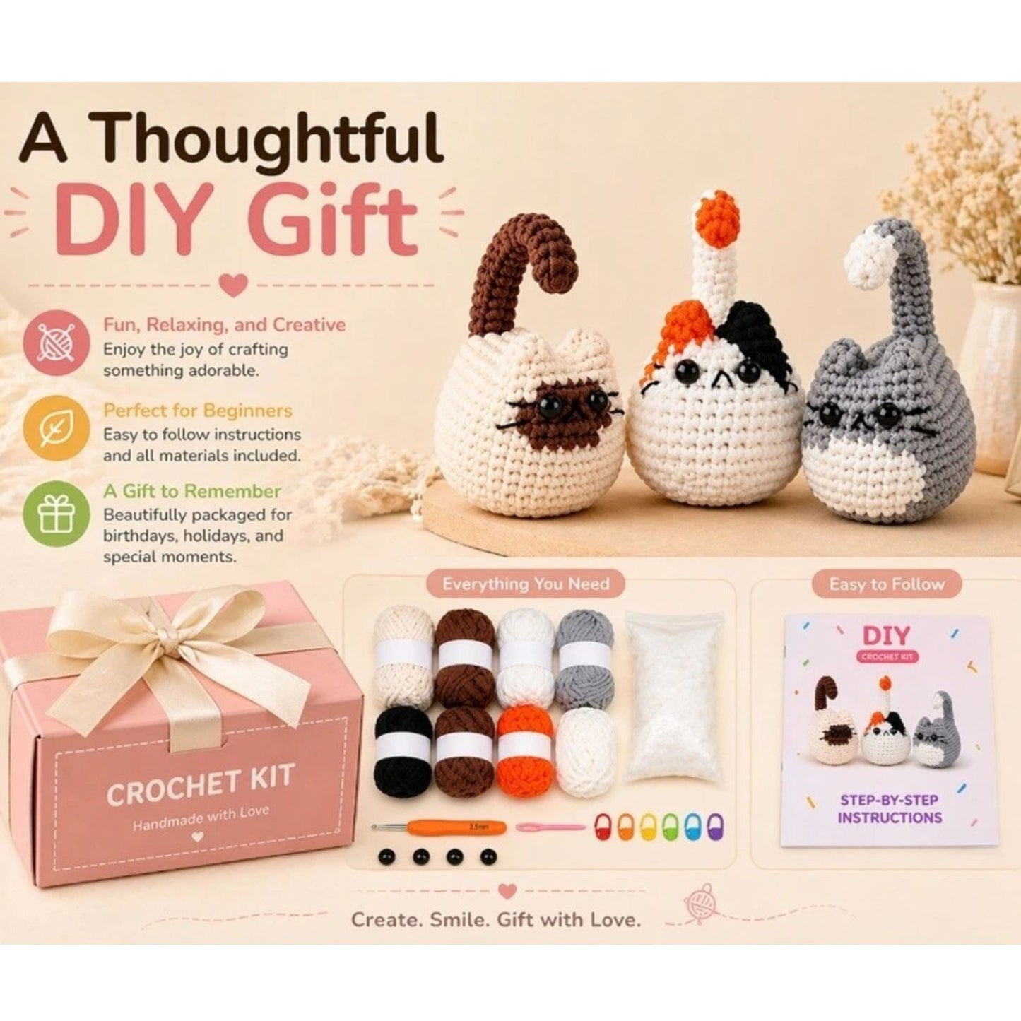 Home Collection Pack of 3 Cat Crochet Kit for Beginners