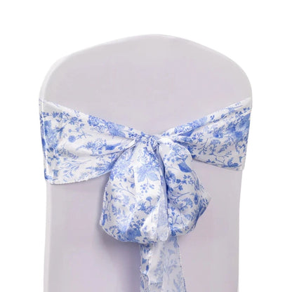 Home Collection White and Blue Floral Print Satin Chair Sashes