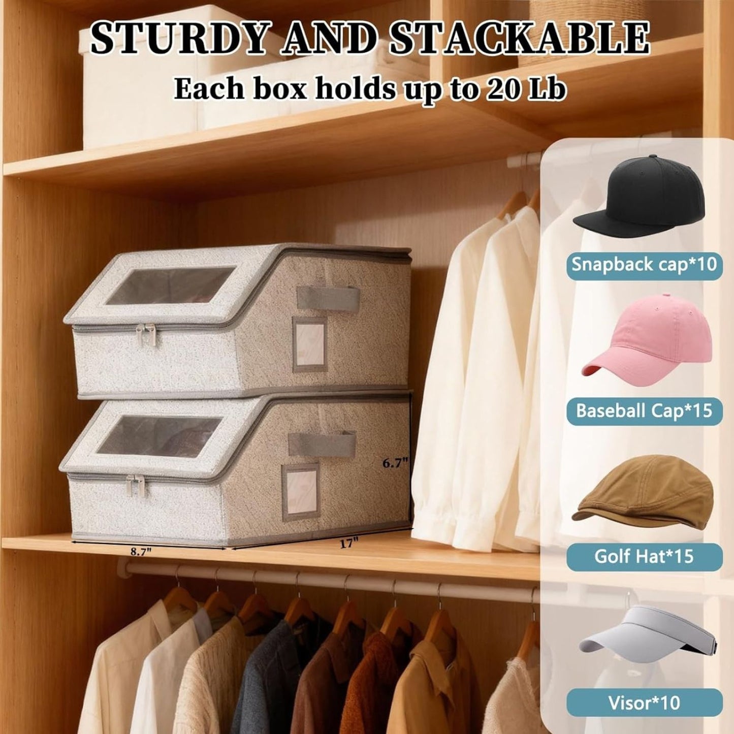 Home Collection Pack of 2 Stackable Baseball Cap Storage Boxes with Clear Window