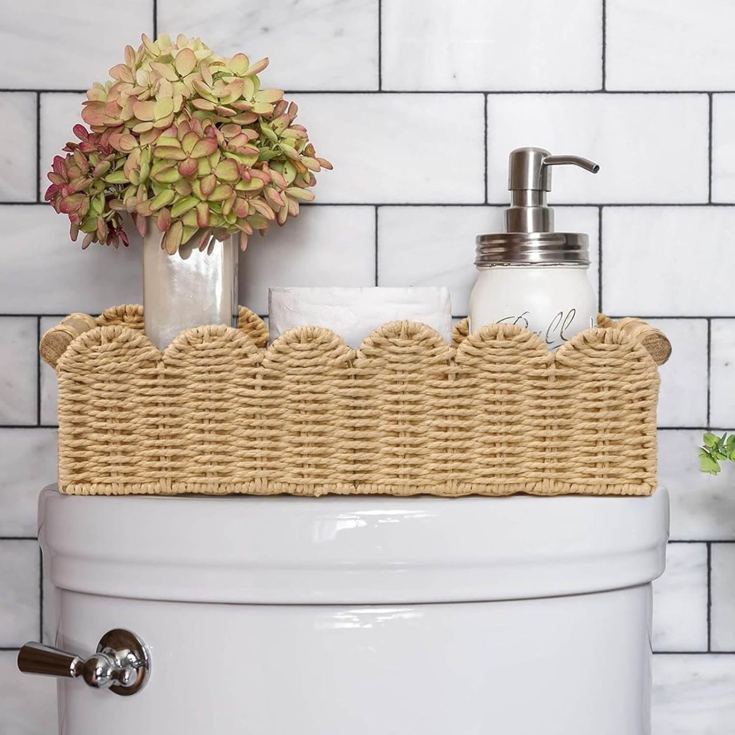 Home Collection Scalloped Edge Toilet Paper Storage Basket Paper Rope Organizer with Wooden Handles